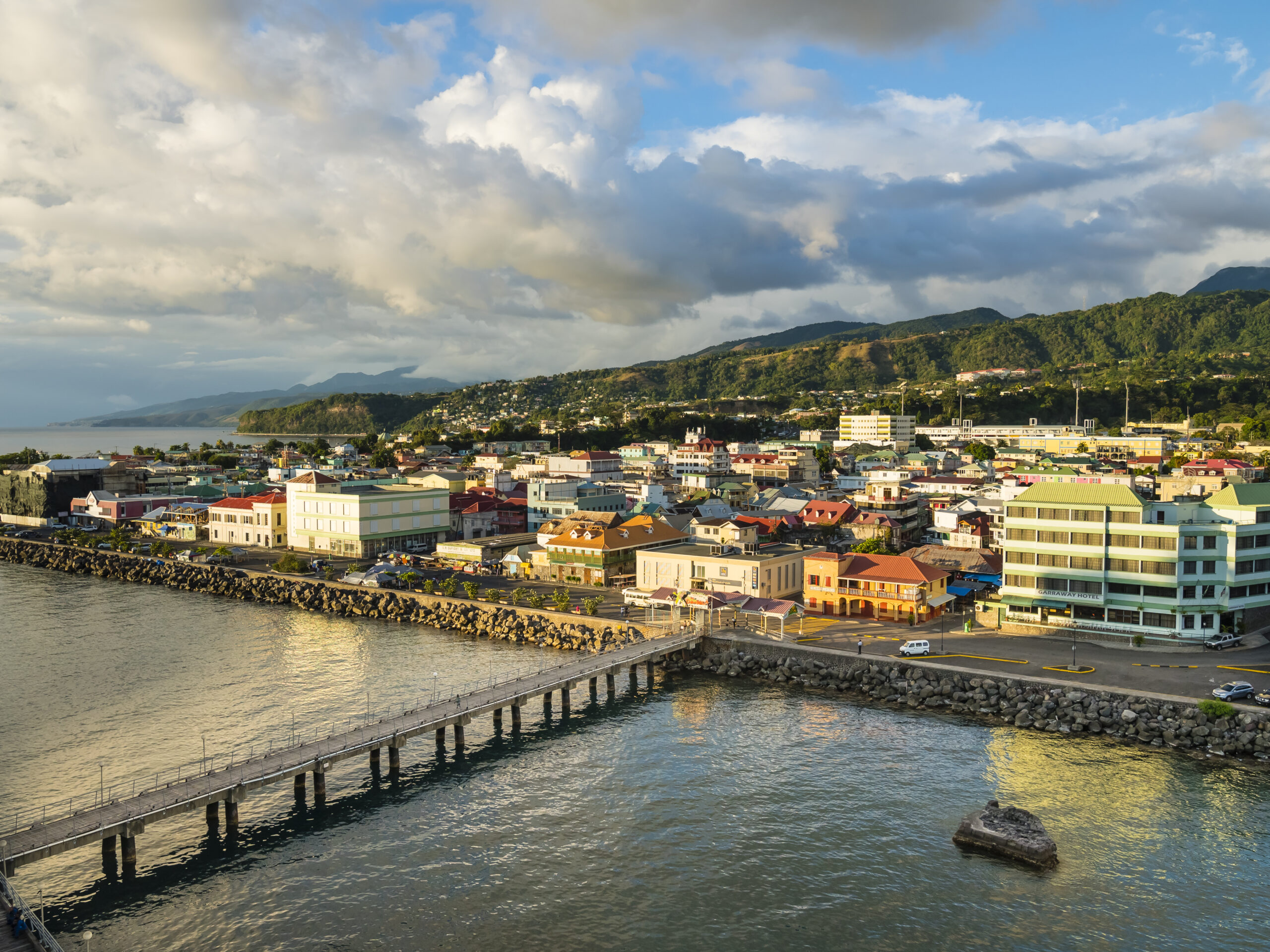 Caribbean, Antilles, Dominica, Roseau, View of the city at dusk Caribbean, Antilles, Dominica, Roseau, View of the city at dusk